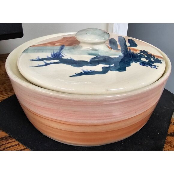 Handcrafted Ellis Pottery Desert Scene Lidded Pottery Bowl - Picture 6 of 13